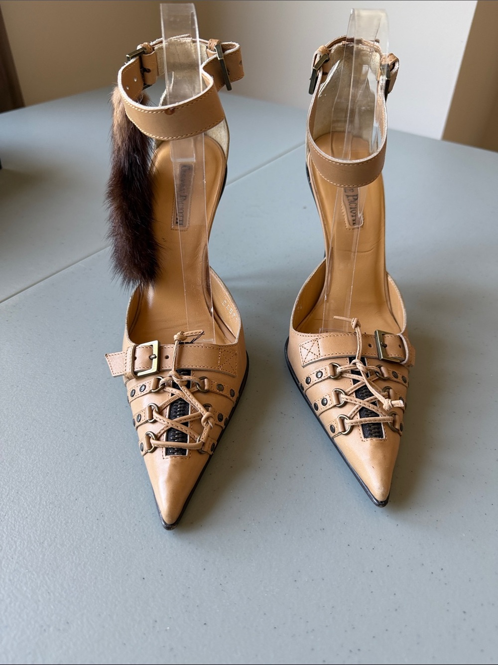 CESARE PACIOTTI Tan Leather Pointed-Toe Corset Tie Ankle-Strap Heel Fur Pom 38.5